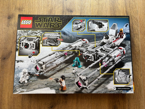 LEGO Star Wars set box featuring a snowspeeder on a rocky desert planet. 