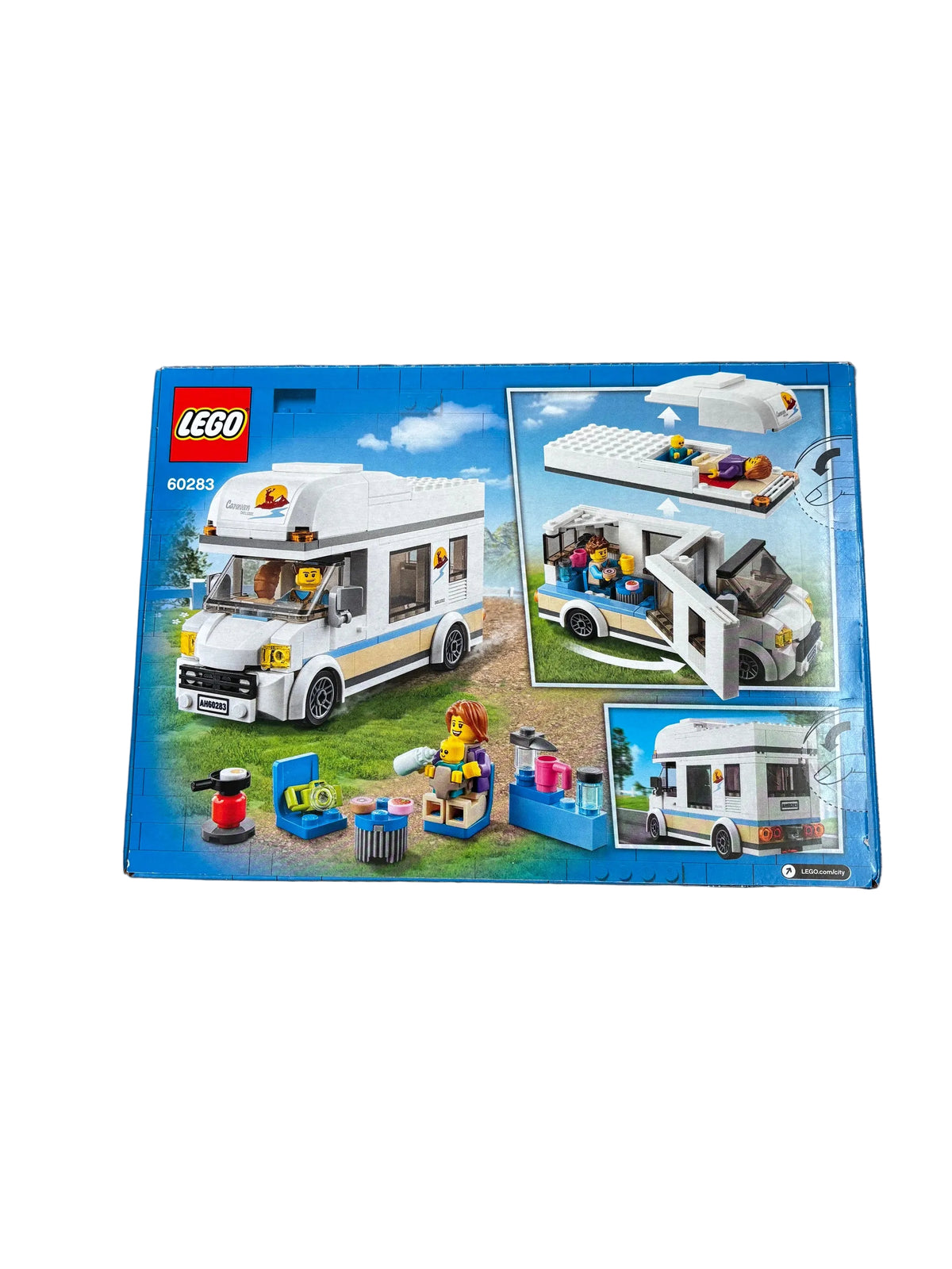 LEGO 60283 Camper set retail box on a plain white background, showing the assembled camper vehicle and several construction views printed on the front.